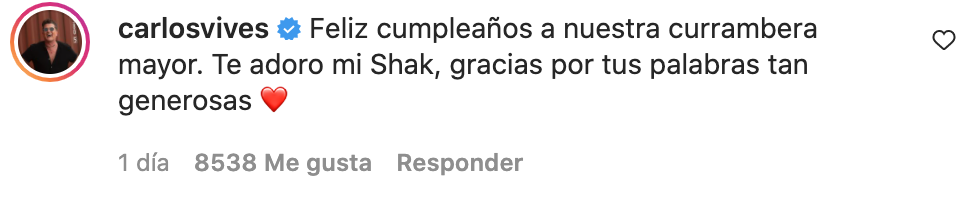 Carlos Vives responde al agradecimiento de Shakira por el estreno de "Currambera" dedicado a ella en su 45 cumpleaaños.