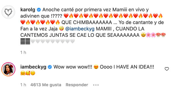 Becky G comenta post de Karol G tras cantan MAMIII por primera vez en vivo en Barranquilla