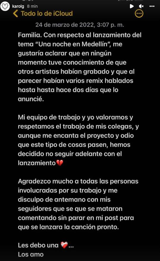 Comunicado de Karol G anunciando que cancelaba el lanzamiento del remix de "Una Noche en Medellín"