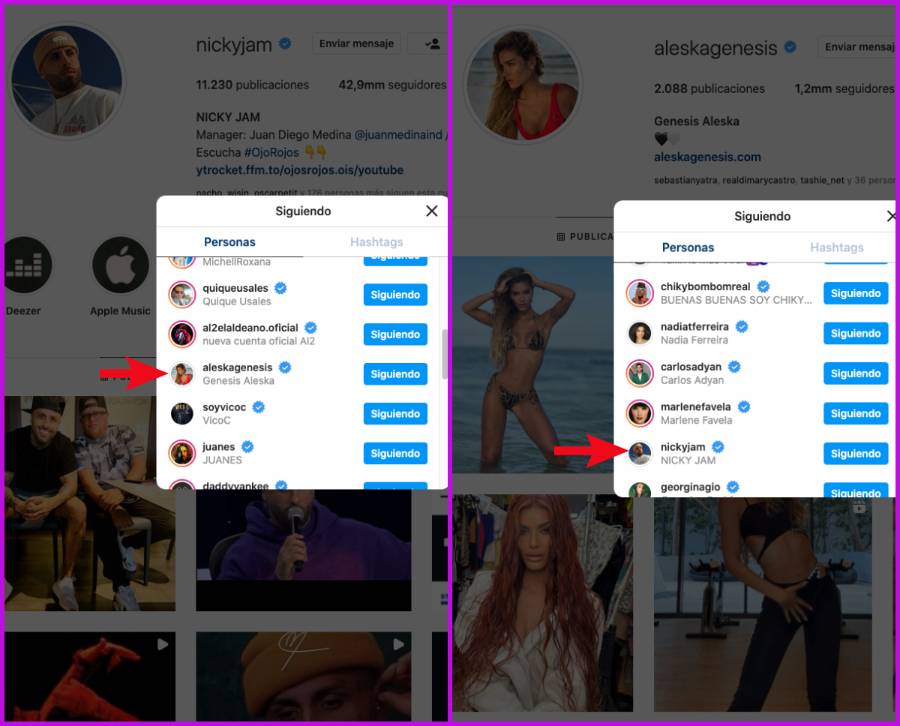 Aunque Nicky Jam borró todas las fotos de Aleska Génesis en Instagram, no ha dejado de seguirla, ni ella a él