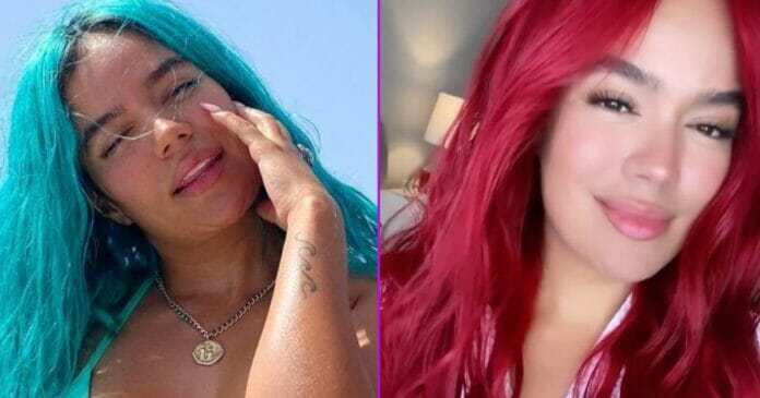 Karol G cambia el color azul de su pelo por rojo intenso
