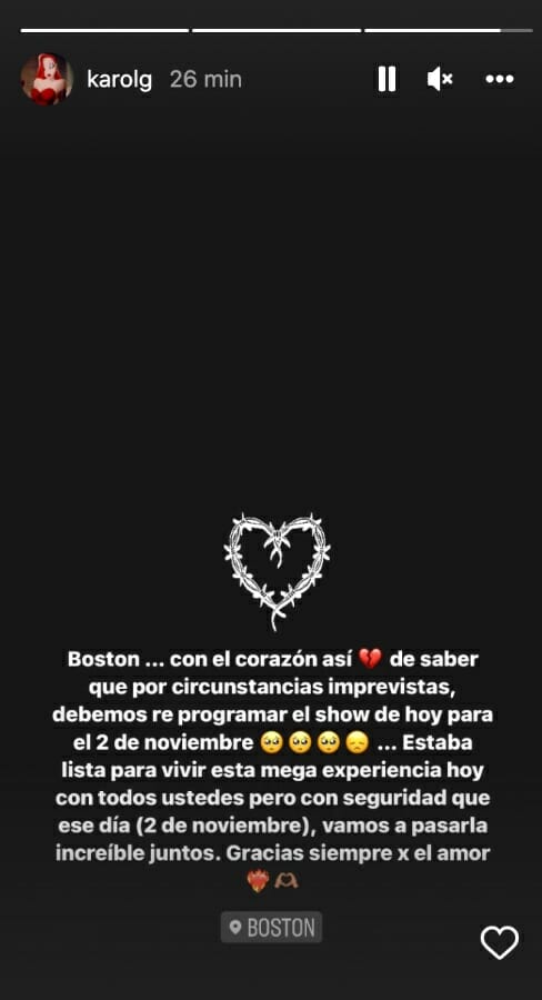 Karol G no podrá dar su concierto del Strip Love en Boston este 9 de septiembre y anuncio que lo pospone para noviembre